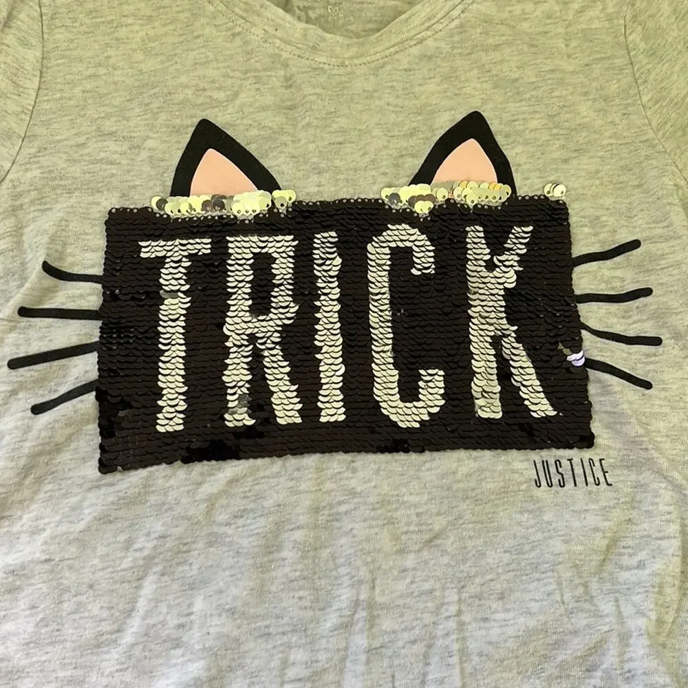 5 for $20 Justice Heathered Gray “Trick” Cat Short Sleeve Sequin Tee